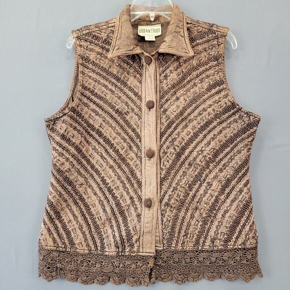 Urban Tribe Brown Vest Geometric Stripe Lace Button Up Classic Y2k Womens Size L - Picture 1 of 7